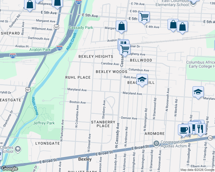 map of restaurants, bars, coffee shops, grocery stores, and more near 386 Northview Drive in Columbus