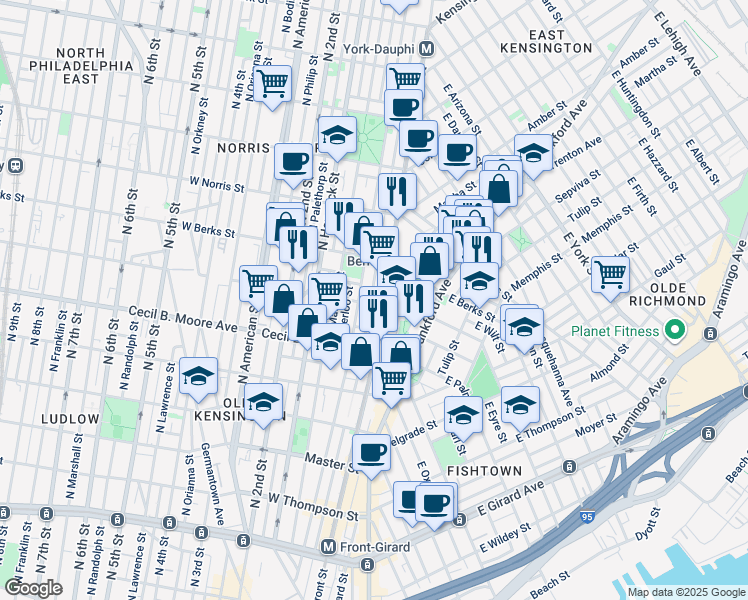 map of restaurants, bars, coffee shops, grocery stores, and more near 103 West Montgomery Avenue in Philadelphia