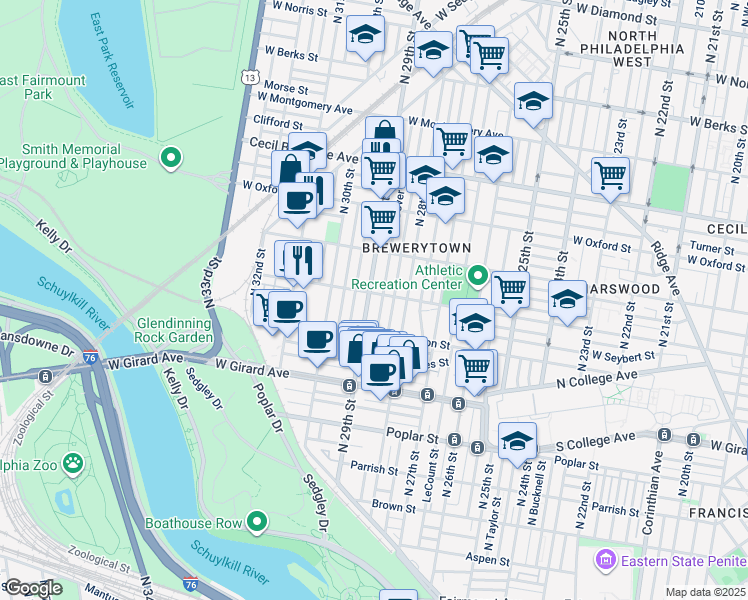 map of restaurants, bars, coffee shops, grocery stores, and more near 1345 North 29th Street in Philadelphia