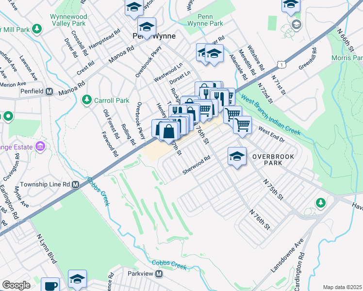 map of restaurants, bars, coffee shops, grocery stores, and more near 7665 Overbrook Avenue in Philadelphia