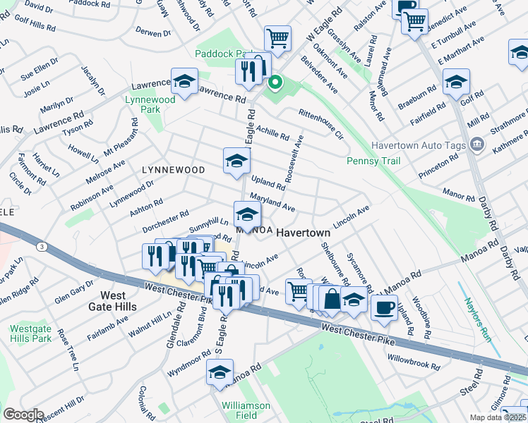 map of restaurants, bars, coffee shops, grocery stores, and more near 14 Annabella Avenue in Havertown