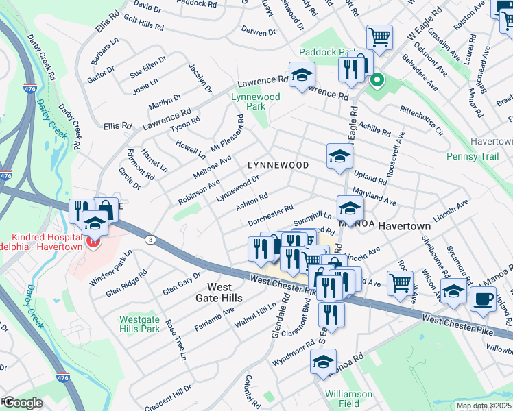 map of restaurants, bars, coffee shops, grocery stores, and more near 1501 Ashton Road in Havertown