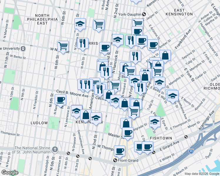 map of restaurants, bars, coffee shops, grocery stores, and more near 1821 North Hancock Street in Philadelphia