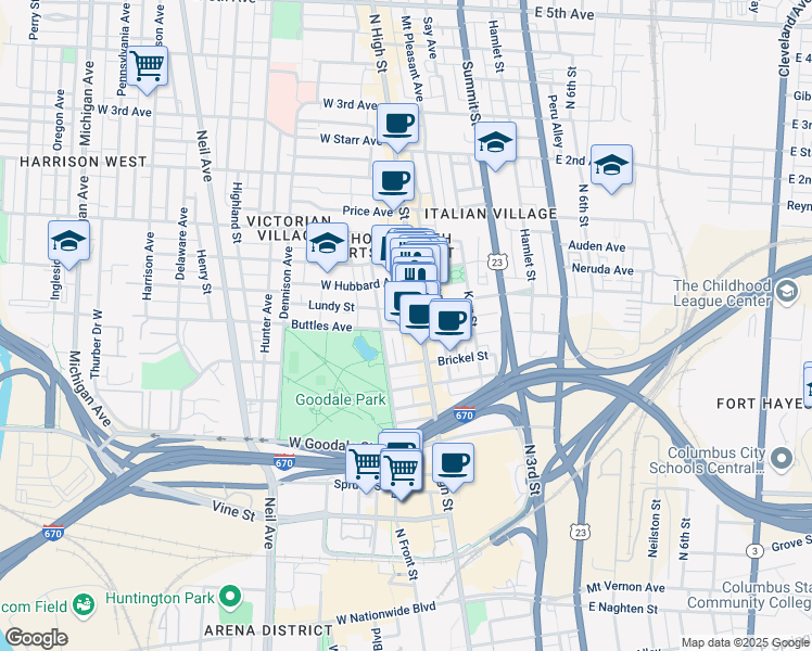 map of restaurants, bars, coffee shops, grocery stores, and more near 765 North High Street in Columbus