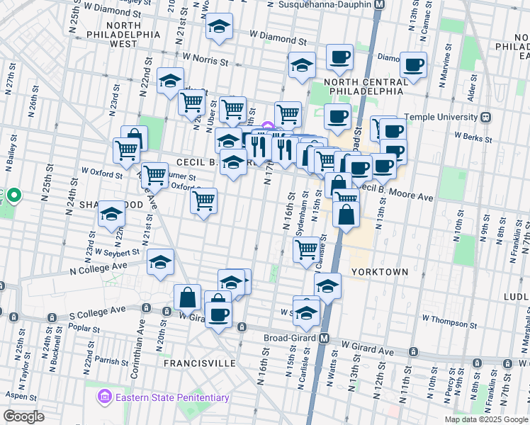 map of restaurants, bars, coffee shops, grocery stores, and more near 1525 North 17th Street in Philadelphia