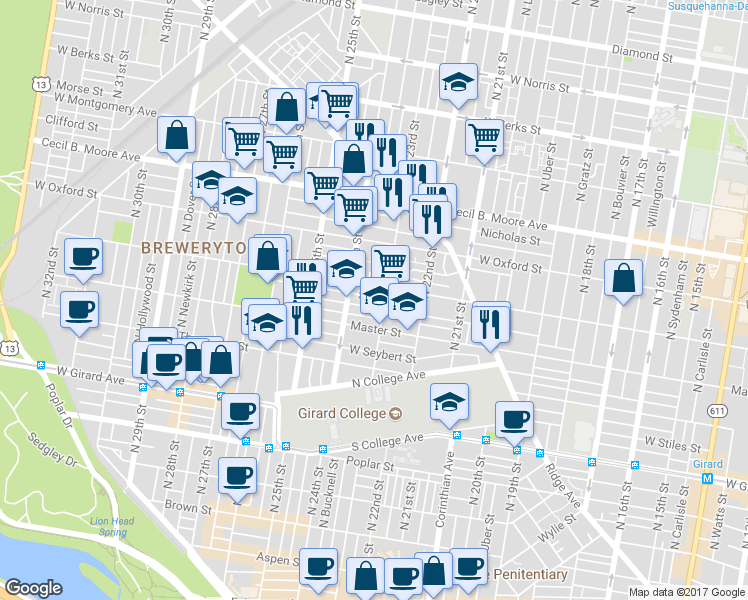map of restaurants, bars, coffee shops, grocery stores, and more near 2310 Stewart Street in Philadelphia