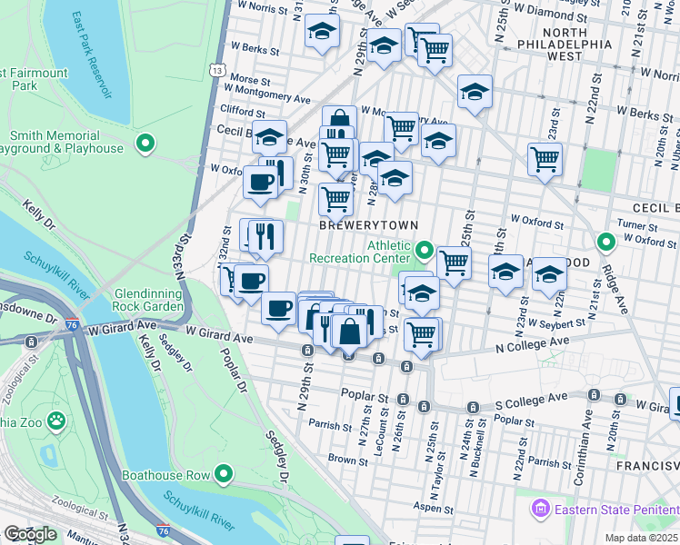 map of restaurants, bars, coffee shops, grocery stores, and more near 2826 Master Street in Philadelphia