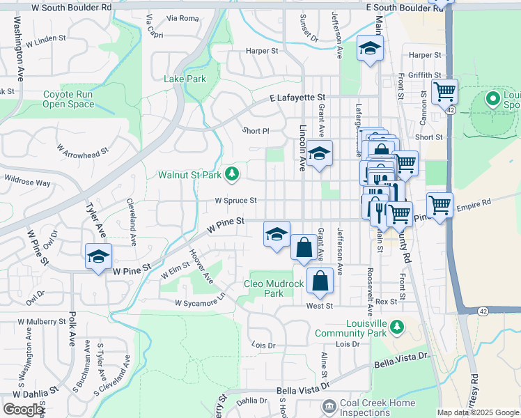 map of restaurants, bars, coffee shops, grocery stores, and more near 267 West Spruce Street in Louisville