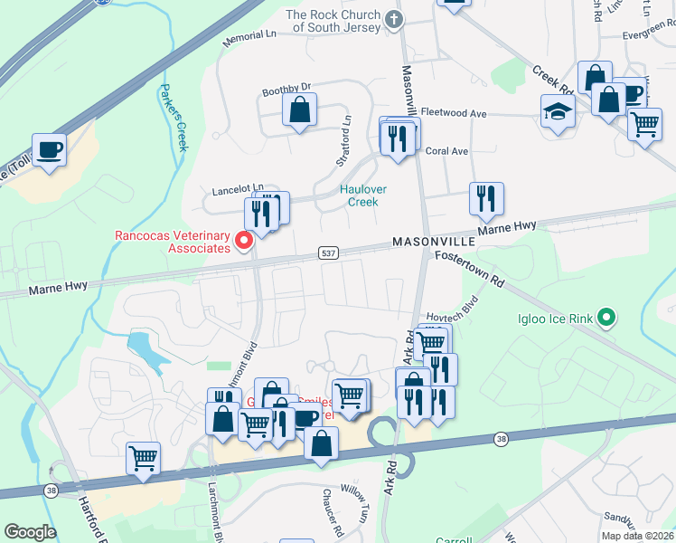 map of restaurants, bars, coffee shops, grocery stores, and more near 4704 Grenwich Lane in Mount Laurel Township