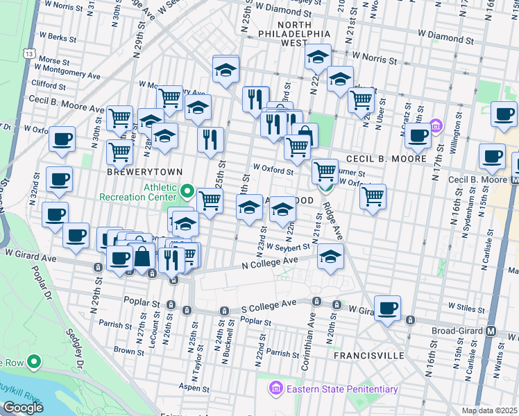 map of restaurants, bars, coffee shops, grocery stores, and more near 2310 Stewart Street in Philadelphia