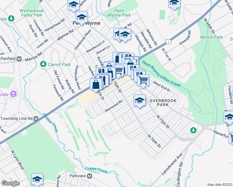 map of restaurants, bars, coffee shops, grocery stores, and more near 7556 Overbrook Avenue in Philadelphia