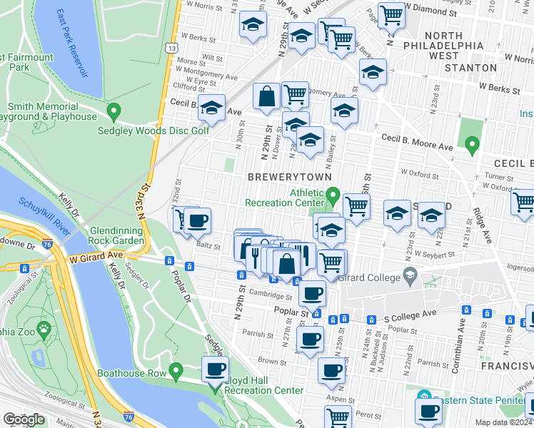 map of restaurants, bars, coffee shops, grocery stores, and more near 2826 Master Street in Philadelphia