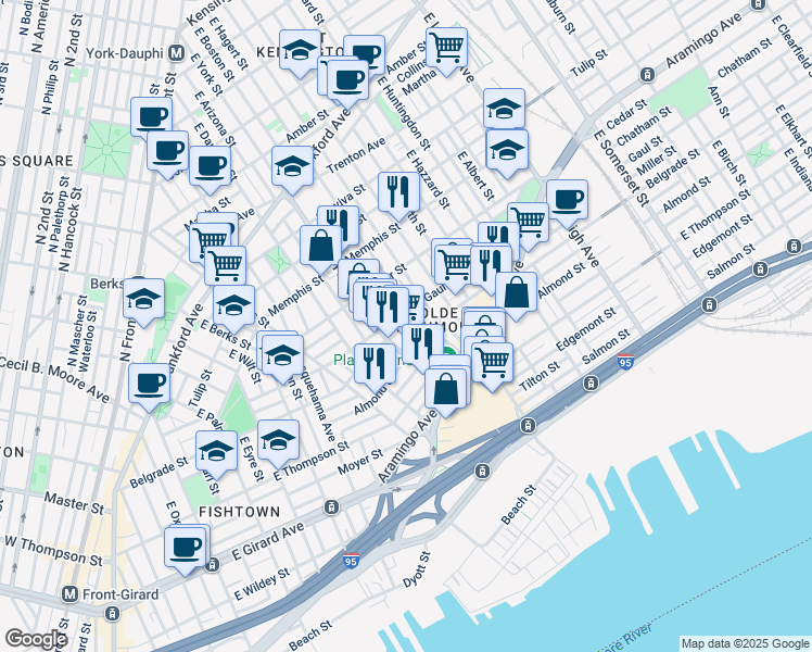 map of restaurants, bars, coffee shops, grocery stores, and more near 2511 East Boston Street in Philadelphia
