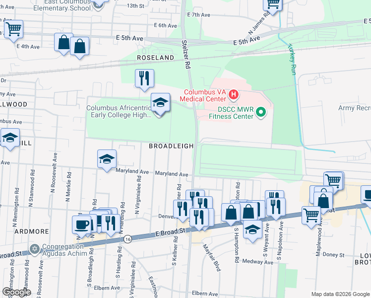 map of restaurants, bars, coffee shops, grocery stores, and more near in Columbus