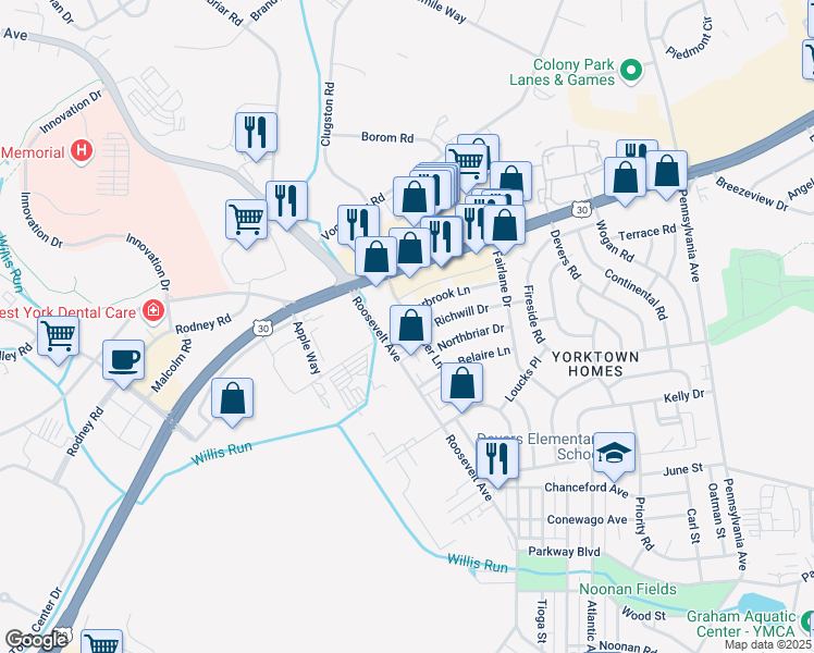 map of restaurants, bars, coffee shops, grocery stores, and more near 1280 Lancer Lane in York