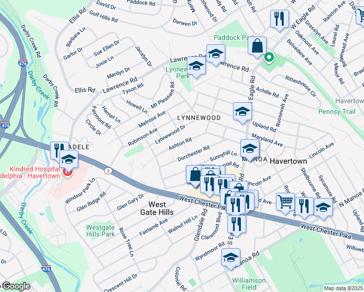map of restaurants, bars, coffee shops, grocery stores, and more near 1501 Ashton Road in Havertown
