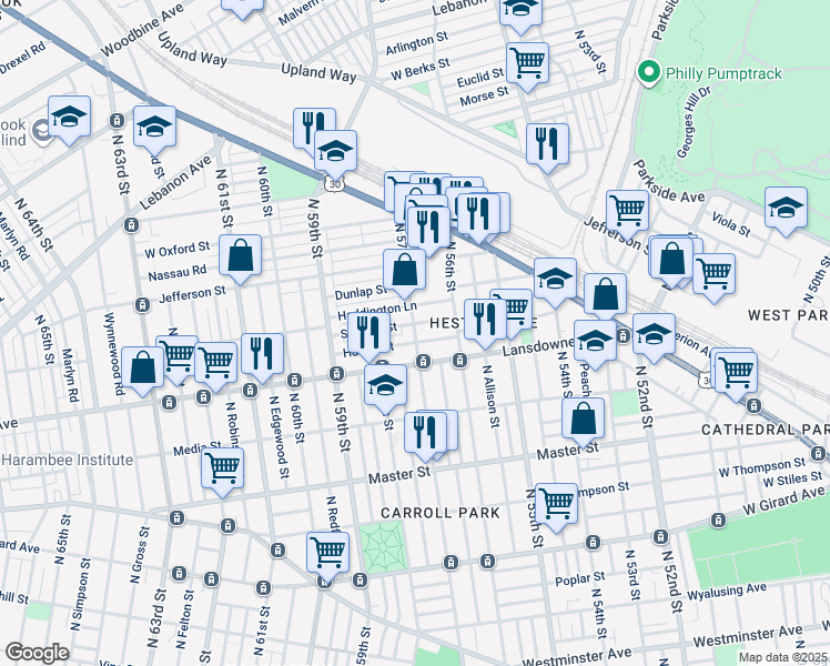 map of restaurants, bars, coffee shops, grocery stores, and more near North 57th Street in Philadelphia