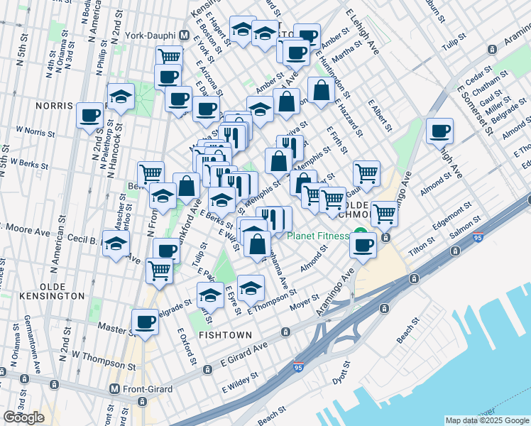 map of restaurants, bars, coffee shops, grocery stores, and more near 2213 Memphis Street in Philadelphia