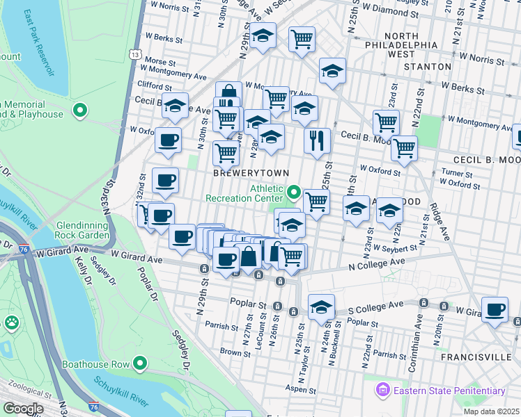 map of restaurants, bars, coffee shops, grocery stores, and more near 1402 North Etting Street in Philadelphia
