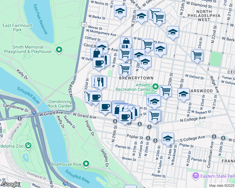 map of restaurants, bars, coffee shops, grocery stores, and more near 1345 North Hollywood Street in Philadelphia