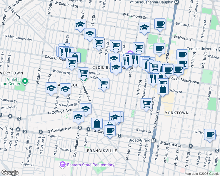 map of restaurants, bars, coffee shops, grocery stores, and more near 1518 North Gratz Street in Philadelphia