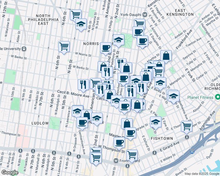 map of restaurants, bars, coffee shops, grocery stores, and more near 1753 Tilghman Street in Philadelphia