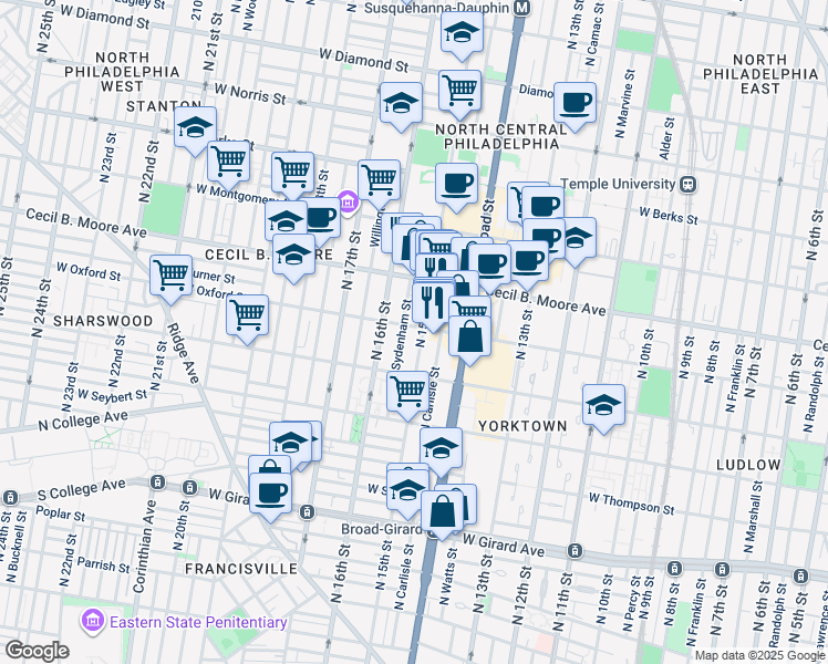 map of restaurants, bars, coffee shops, grocery stores, and more near 1542 North 15th Street in Philadelphia