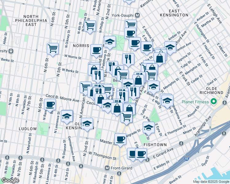 map of restaurants, bars, coffee shops, grocery stores, and more near 1800 North Howard Street in Philadelphia