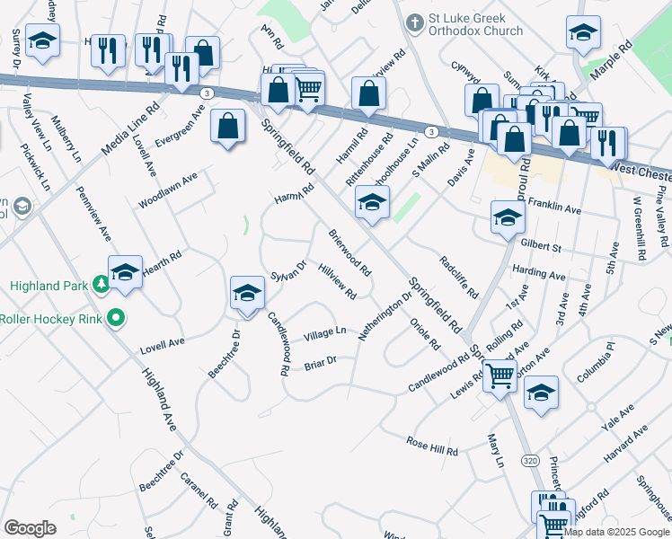 map of restaurants, bars, coffee shops, grocery stores, and more near 2737 Hillview Road in Broomall