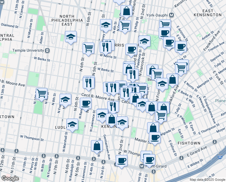 map of restaurants, bars, coffee shops, grocery stores, and more near 1739 North 3rd Street in Philadelphia