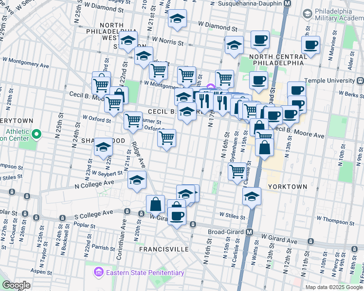 map of restaurants, bars, coffee shops, grocery stores, and more near 1521 North Gratz Street in Philadelphia