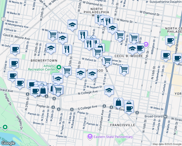 map of restaurants, bars, coffee shops, grocery stores, and more near 2231 Stewart Street in Philadelphia
