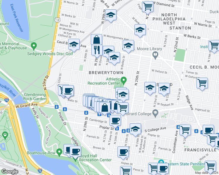 map of restaurants, bars, coffee shops, grocery stores, and more near 1402 North Etting Street in Philadelphia