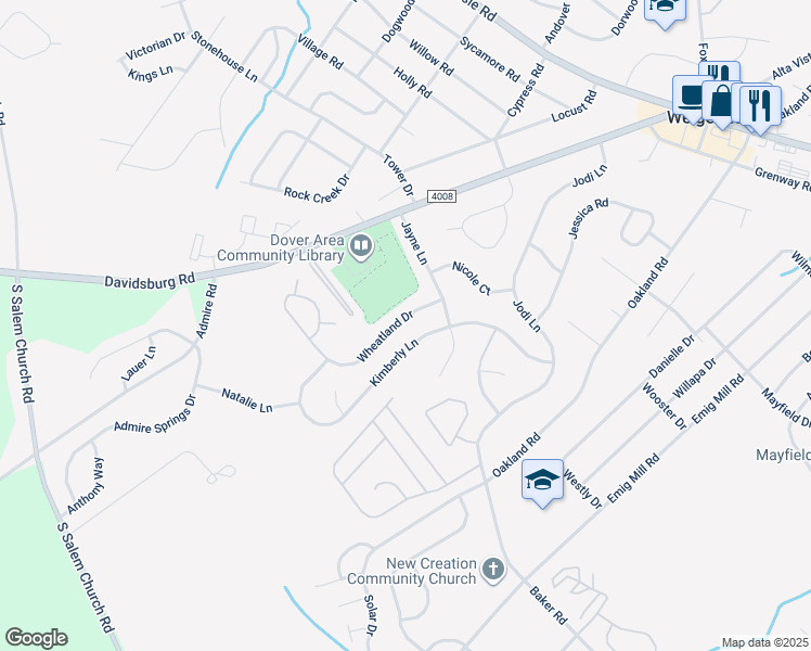 map of restaurants, bars, coffee shops, grocery stores, and more near 3710 Wheatland Drive in Dover
