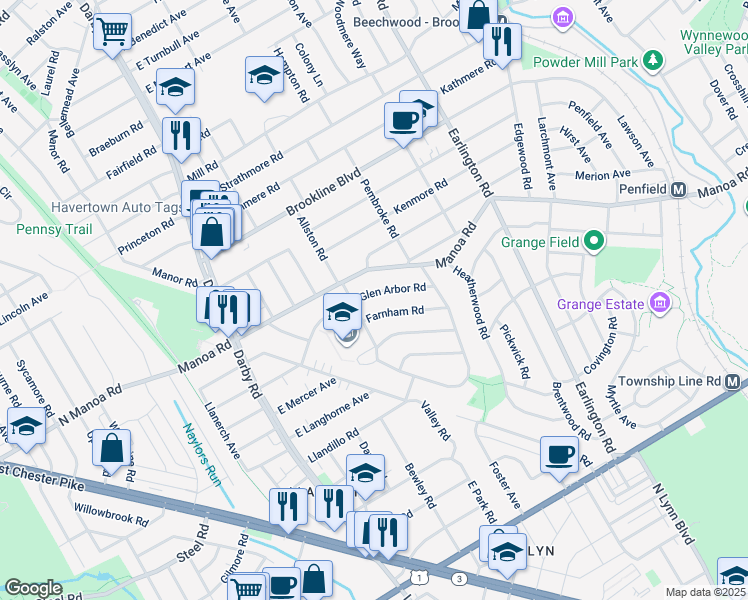 map of restaurants, bars, coffee shops, grocery stores, and more near 207 Glen Arbor Road in Havertown