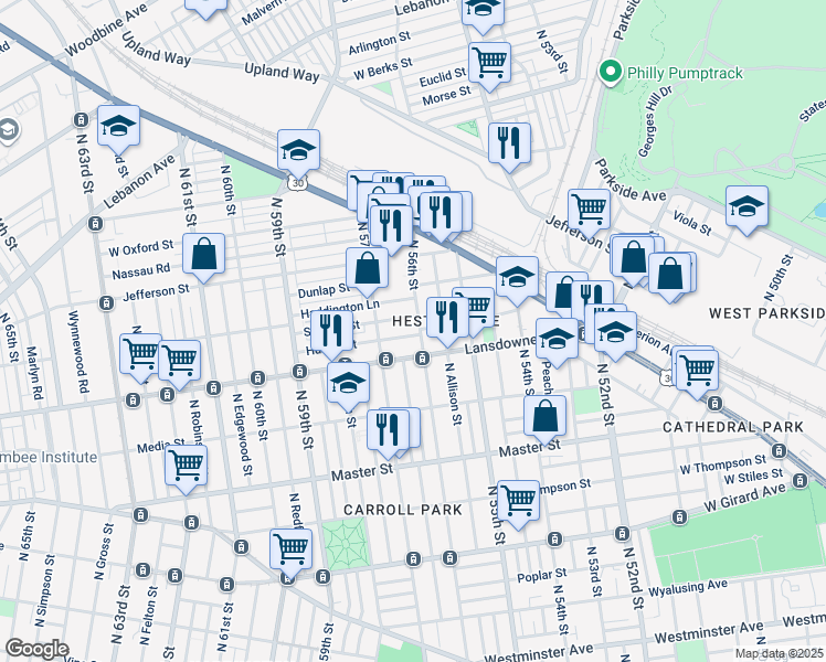 map of restaurants, bars, coffee shops, grocery stores, and more near 5605 Hunter Street in Philadelphia