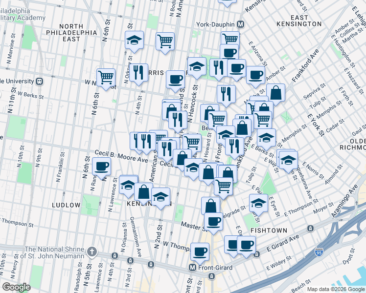 map of restaurants, bars, coffee shops, grocery stores, and more near 1753 Tilghman Street in Philadelphia
