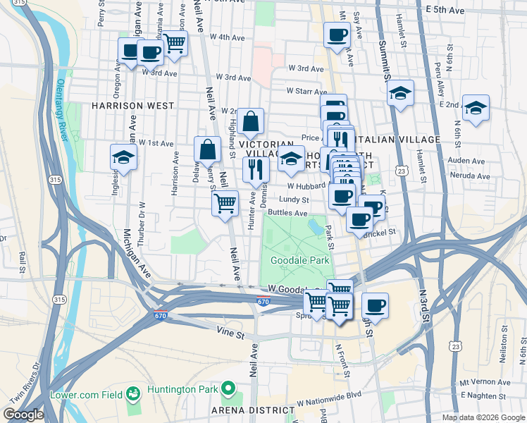 map of restaurants, bars, coffee shops, grocery stores, and more near Buttles Ave & Dennison Ave in Columbus