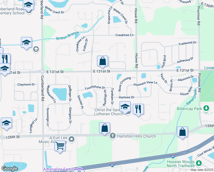 map of restaurants, bars, coffee shops, grocery stores, and more near 12951 Rawlings Court in Fishers