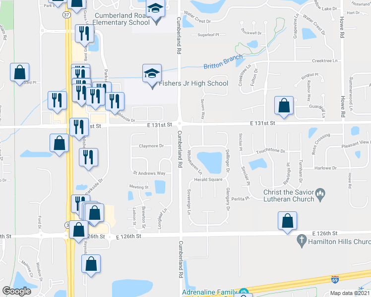 map of restaurants, bars, coffee shops, grocery stores, and more near 12984 Whitehaven Lane in Fishers