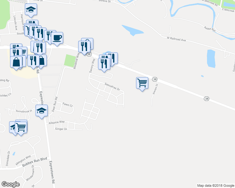 map of restaurants, bars, coffee shops, grocery stores, and more near 61 Sassafras Drive in Lumberton