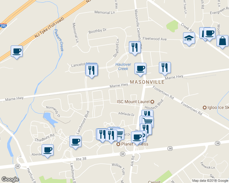 map of restaurants, bars, coffee shops, grocery stores, and more near 4704 Grenwich Lane in Mount Laurel Township
