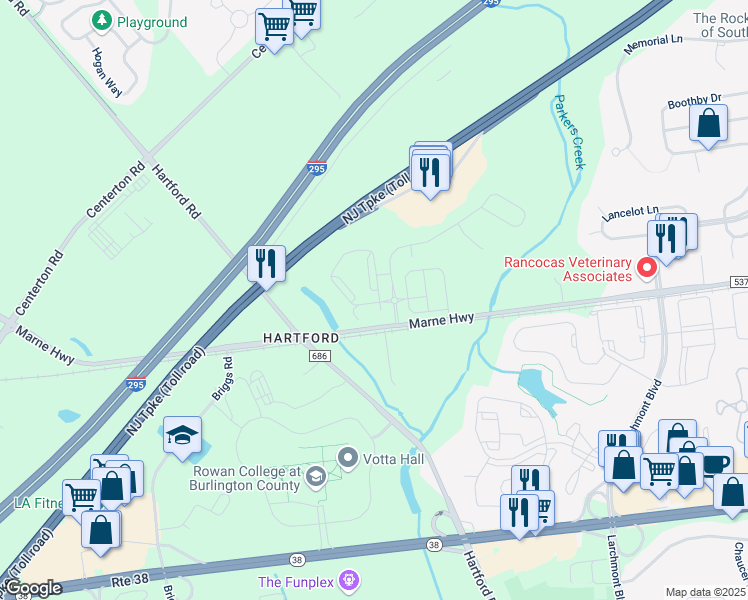 map of restaurants, bars, coffee shops, grocery stores, and more near 3233-3253 Marne Highway in Mount Laurel