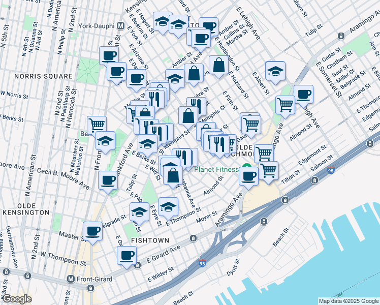 map of restaurants, bars, coffee shops, grocery stores, and more near 2357 East Dauphin Street in Philadelphia