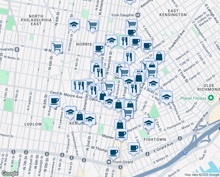 map of restaurants, bars, coffee shops, grocery stores, and more near 1821 North Hancock Street in Philadelphia