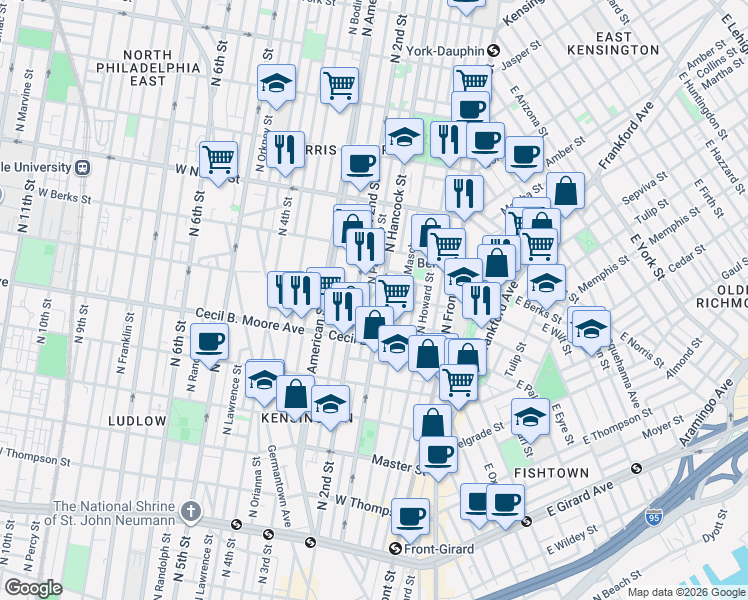 map of restaurants, bars, coffee shops, grocery stores, and more near 1821 North Hancock Street in Philadelphia
