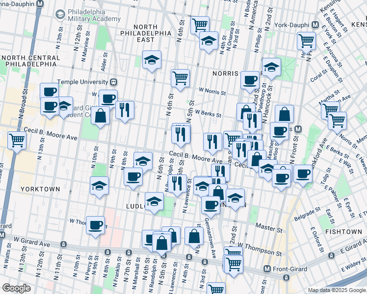 map of restaurants, bars, coffee shops, grocery stores, and more near 1748 North 5th Street in Philadelphia