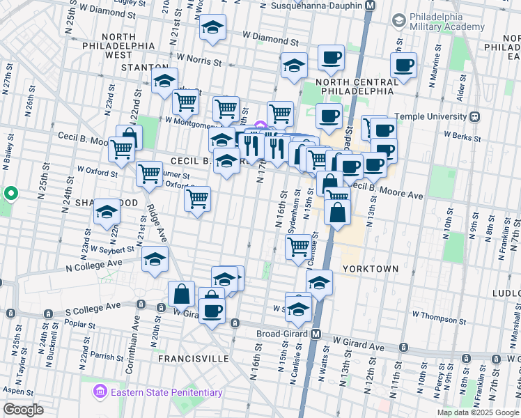 map of restaurants, bars, coffee shops, grocery stores, and more near 1715 West Oxford Street in Philadelphia