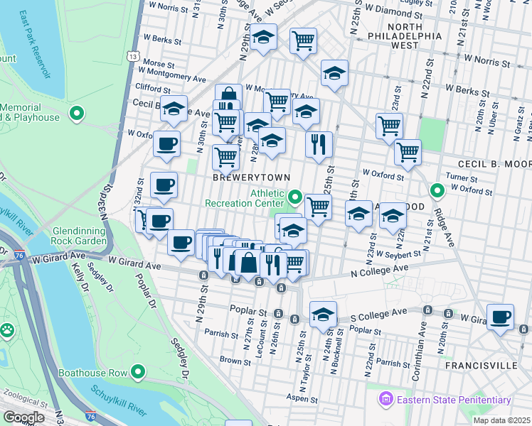 map of restaurants, bars, coffee shops, grocery stores, and more near 1434 North Etting Street in Philadelphia