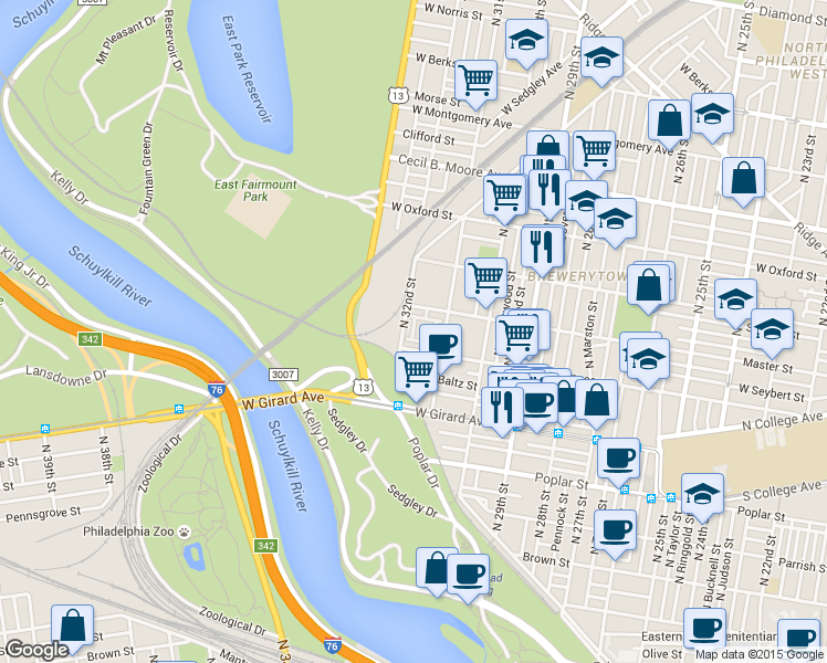 map of restaurants, bars, coffee shops, grocery stores, and more near in Philadelphia